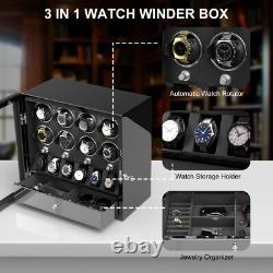 Automatic 8 Watch Winder Case With 6 Watches Display Storage Box LED Light Black