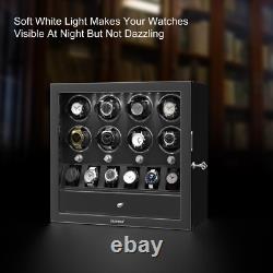 Automatic 8 Watch Winder Case With 6 Watches Display Storage Box LED Light Black