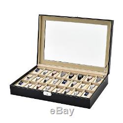 Black 24 Slot Watch Box Leather Display Case Organizer Top Glass Jewelry Storage