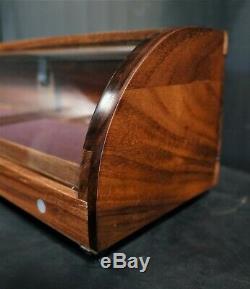 Curved glass display case African Mahogany with 2 removable trays plus storage