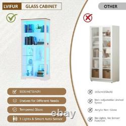 Display Cabinet with Glass Doors, Curio Cabinet with LED Lights for Collectibles