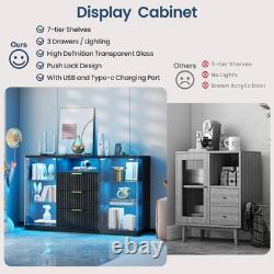 Display Cabinet with Glass Doors, Display case with 3 Drawer& Glass Shelves
