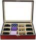 Display Case For 12 Ties, Belts, And Accessories Cherry Wood Storage Box