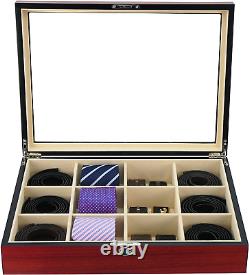 Display Case for 12 Ties Belts and Accessories Cherry Wood Storage