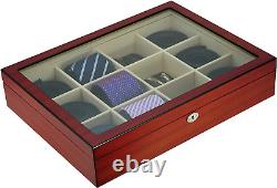 Display Case for 12 Ties Belts and Accessories Cherry Wood Storage