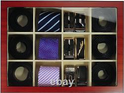 Display Case for 12 Ties Belts and Accessories Cherry Wood Storage