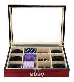 Display Case for 12 Ties, Belts, and Accessories Cherry Wood Storage Box