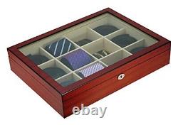 Display Case for 12 Ties, Belts, and Accessories Cherry Wood Storage Box