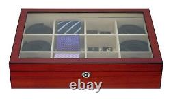 Display Case for 12 Ties, Belts, and Accessories Cherry Wood Storage Box Fath