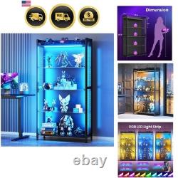 Display Case with LED Lights Shelf Cabinet with Glass Shelves Curio Black