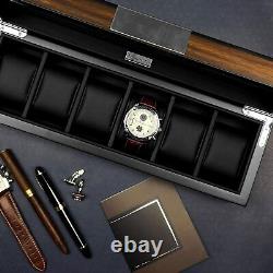 Elegant 6 Watch Box Display Men Case MDF Wood Luxury Organizer Slot Faux Leather