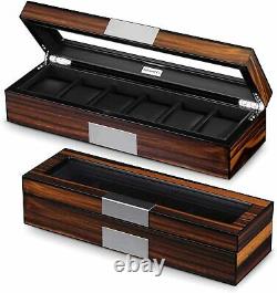 Elegant 6 Watch Box Display Men Case MDF Wood Luxury Organizer Slot Faux Leather