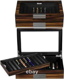 Elegant Pen Display Case in Ebony with PU Leather Lining 20 Slot Storage