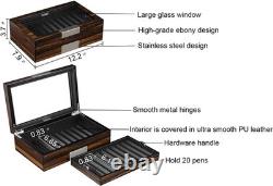 Elegant Pen Display Case in Ebony with PU Leather Lining 20 Slot Storage