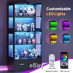 Figure Display Case 4 Tier RGB LED Light Adjustable Shelf Car Toy Glass Cabinet