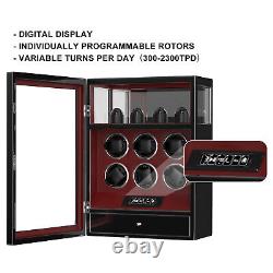 Fingerprint LCD Automatic 6 Watch Winder Box With Watch Storage Display Case Red