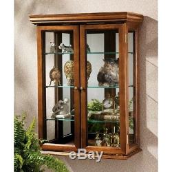 Glass Curio Cabinet Storage Display Case Corner Furniture Wood Shelves Brown