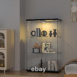 Glass Display Cabinet Black WithLED Light 2 Doors 3 Shelves Storage Case For Curio