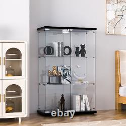 Glass Display Cabinet Black WithLED Light 2 Doors 3 Shelves Storage Case For Curio