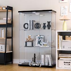 Glass Display Cabinet Black WithLED Light 2 Doors 3 Shelves Storage Case For Curio