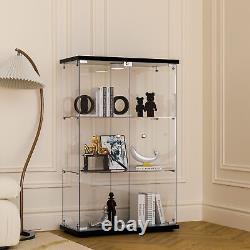 Glass Display Cabinet Black WithLED Light 2 Doors 3 Shelves Storage Case For Curio