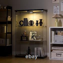 Glass Display Cabinet Black WithLED Light 2 Doors 3 Shelves Storage Case For Curio