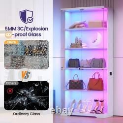 Glass Display Cabinet Lockable 5-Tier Shelves RGB LED Trophy Display Cabinet