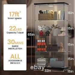 Glass Display Cabinet WithLED Push Light 4 Shelves 2 Doors Storage Case For Curio