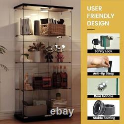 Glass Display Cabinet WithLED Push Light 4 Shelves 2 Doors Storage Case For Curio