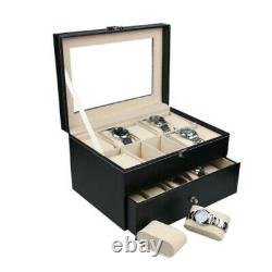 Glass Top 20 Watch Black Leather Box Case Display Organizer Storage Tray for Men