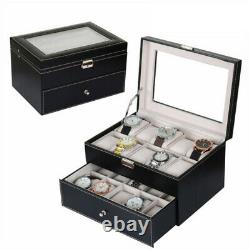 Glass Top 20 Watch Black Leather Box Case Display Organizer Storage Tray for Men