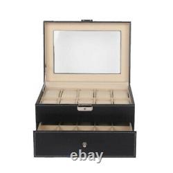 Glass Top 20 Watch Black Leather Box Case Display Organizer Storage Tray for Men