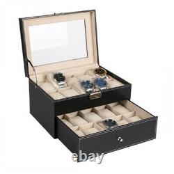 Glass Top 20 Watch Black Leather Box Case Display Organizer Storage Tray for Men