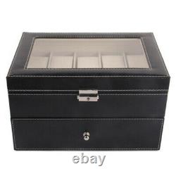 Glass Top 20 Watch Black Leather Box Case Display Organizer Storage Tray for Men