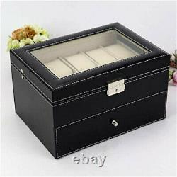 Glass Top 20 Watch Black Leather Box Case Display Organizer Storage Tray for Men