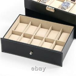 Glass Top 20 Watch Black Leather Box Case Display Organizer Storage Tray for Men