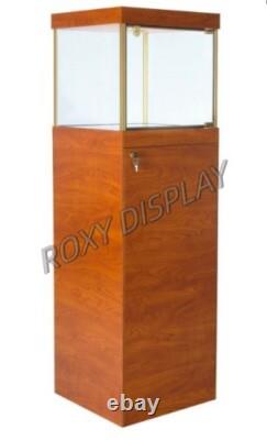 Glass Top Cherry Wood Exhibition Display Case LED Lights, Storage & Lock