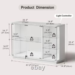Gurexl Glass Display Cabinet with 3 Color Light- Display Case with Glass Shelves