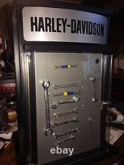 Harley davidson motorcycle retail display case with magnets and storage inside l