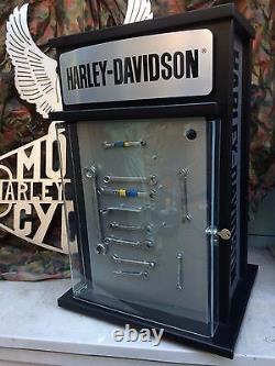 Harley davidson motorcycle retail display case with magnets and storage inside l