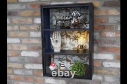 Industrial Wall Cabinet Safari Print Display Unit Black Metal Storage Cupboard