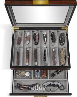 Knife Display Case 20+ Wood Walnut EDC Pocket Knives Watch Organizer Storage Box