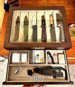 Knife Display Case 20+ Wood Walnut EDC Pocket Knives Watch Organizer Storage Box