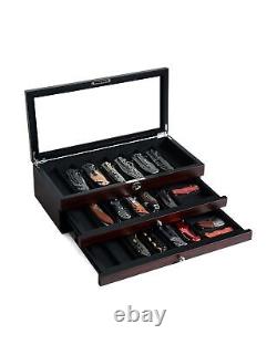 Knife Display Case, 22-26 Slot Storage Box, Ebony Veneer, 3-Tier, Lockable, S