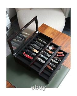 Knife Display Case, 22-26 Slot Storage Box, Ebony Veneer, 3-Tier, Lockable, S