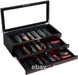 Knife Display Case, 22-26 Slot Storage Box, Ebony Veneer, 3-Tier, Lockable, Show