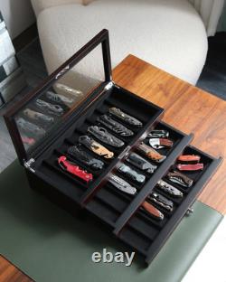 Knife Display Case, 22-26 Slot Storage Box, Ebony Veneer, 3-Tier, Lockable, Show