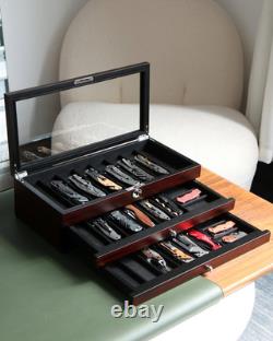 Knife Display Case, 22-26 Slot Storage Box, Ebony Veneer, 3-Tier, Lockable, Show