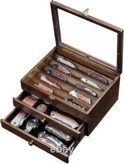 Knife Display Case 22+ Wood Walnut EDC Pocket Knives Watch Organizer Storage Box
