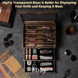Knife Display Case 22+ Wood Walnut EDC Pocket Knives Watch Organizer Storage Box